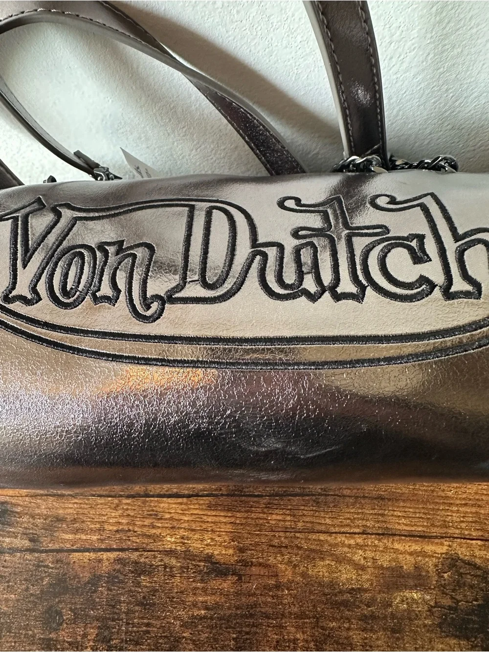 Von Dutch Metallic Barrel Shoulder Bag with Black Embroidered Logo, Chain NWT
